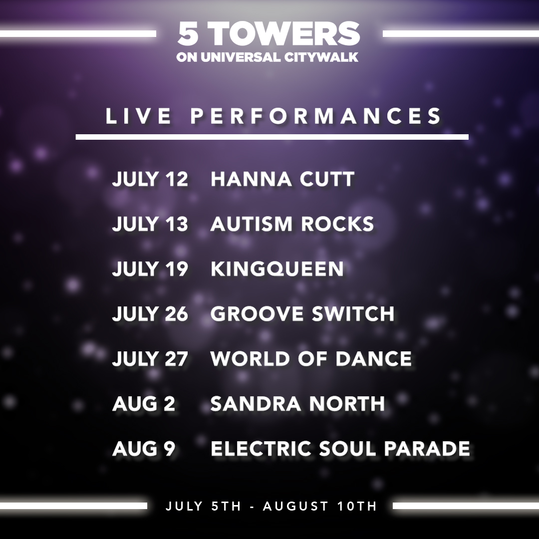This summer the party extends to 5 Towers at Universal CityWalk! Starting tonight with DJ Regul8 and through August 10th, join us for live performances from these great artists.