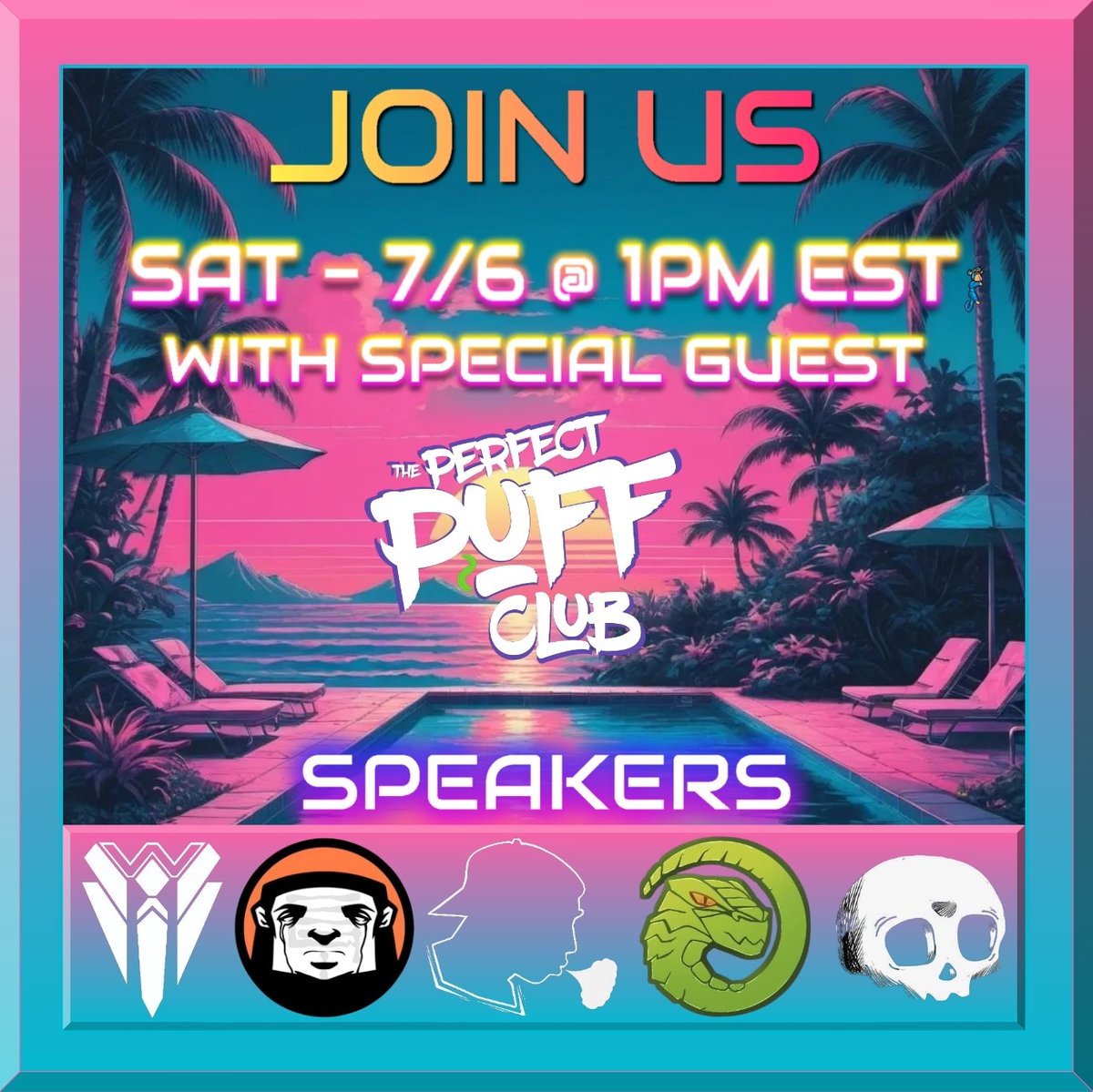Join us Sat. 7/6 @ 1PM EST as we host a full pannel of projects, drop alpha &amp; have $100's in giveaways!

Speakers
<a href="/PerfectPuffClub/">Perfect Puff Club</a> 
@NFTWidi 
<a href="/BoniesRip/">BONIES</a> 
@Lizard_Boom 
<a href="/puffsterznfts/">Puffsterz💨</a> 
<a href="/endgameicons/">End Game Icons $CONTRA Airdrop</a> 

Like, RT, Tag 2 friends &amp; be present during spaces for a chance to win!

#Solana