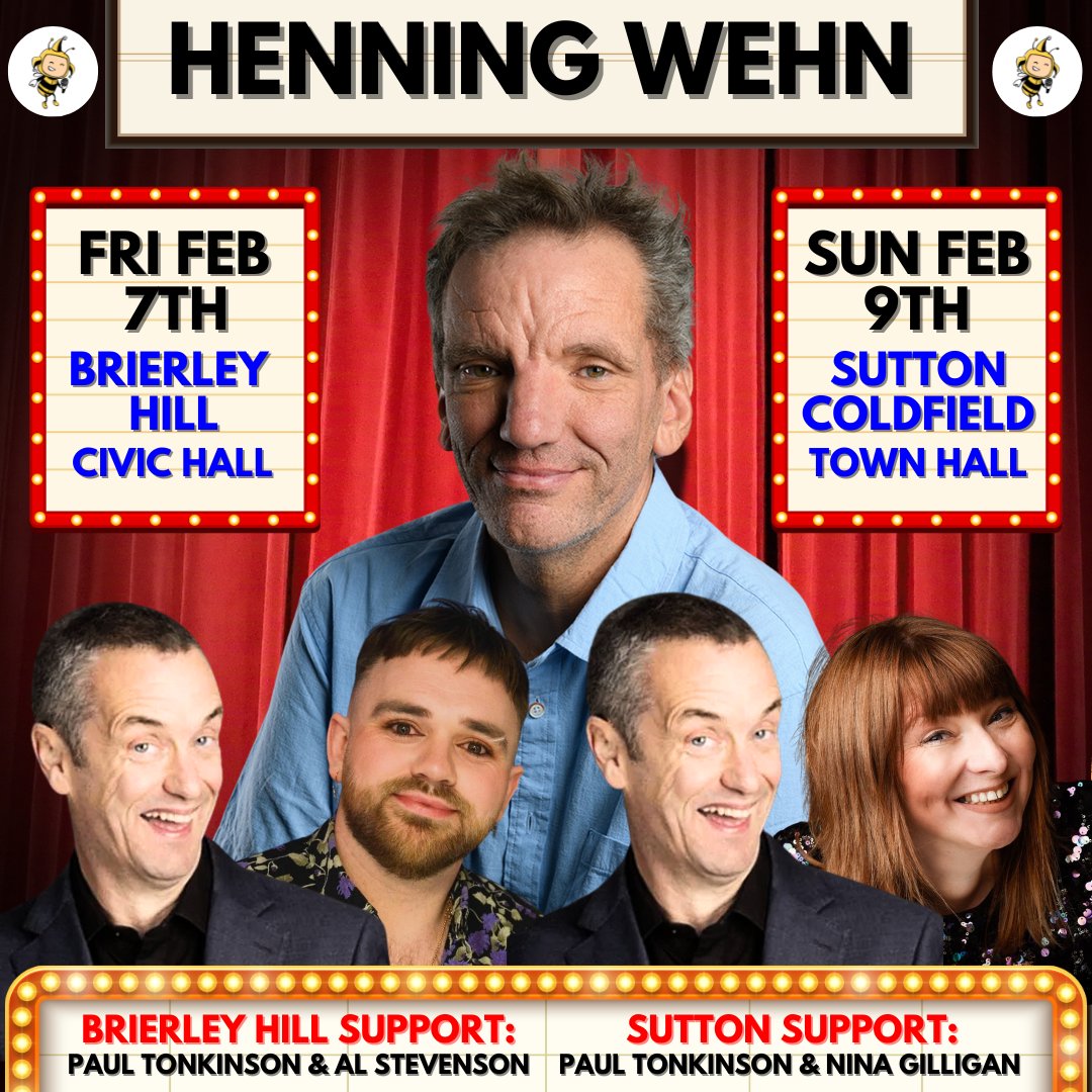 💥 JUST ANNOUNCED - ON SALE NOW!
👀 <a href="/henningwehn/">Henning Wehn</a> to headline Brierley Hill &amp; Sutton!
🎟 funnybeeseness.co.uk

<a href="/PaulTonkinson/">Paul Tonkinson</a> appears on both, Al Stevenson at Brierley Hill &amp; <a href="/ninagilligan/">Nina Gilligan</a> at Sutton.

<a href="/WaynoBeese/">Wayne Beese</a> hosts both shows.

Tickets flying out already, get in quick!