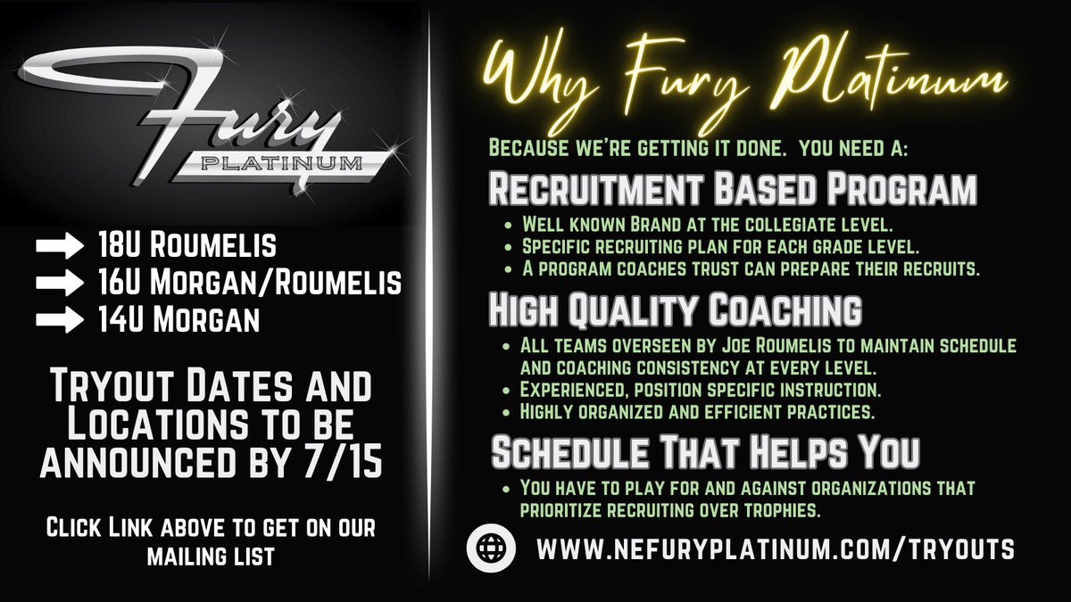 🚨Register for Fury Platinum tryouts🚨
nefuryplatinum.com/tryouts

💥18U Roumelis
💥16U Morgan/Roumelis
💥14U Morgan

All 3 teams are showcase-based. Dates and locations will be sent out the week of July 15th.  Positions available for all teams.