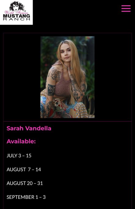 Come see me @MustangMadam  July 3-15  Aug 7-14 Aug 20-31 September 1-3 🥰 Sarahvandella@mustangranch.com<a class="tags" target="_blank" title="On Twitter" href="/?out=eyJ0eXAiOiJKV1QiLCJhbGciOiJIUzUxMiJ9.eyJpYXQiOjE3MjEyMDc5MDcsImlzcyI6InR3cG9ybnN0YXJzLmNvbSIsIm5iZiI6MTcyMTIwNzkwNywiZXhwIjoxNzUyNzQzOTA3LCJyZWRpcmVjdF91cmwiOiJodHRwczovL3R3aXR0ZXIuY29tL011c3RhbmdNYWRhbSJ9.VqwyHjD5LqRufQdB9uJuX9-U2Z8NY0BjhjB96-OClYokvTu9tmhdaQuZXnVV4Mx6ggZfCBmVviBRfTyNqimnIw">@MustangMadam</a>