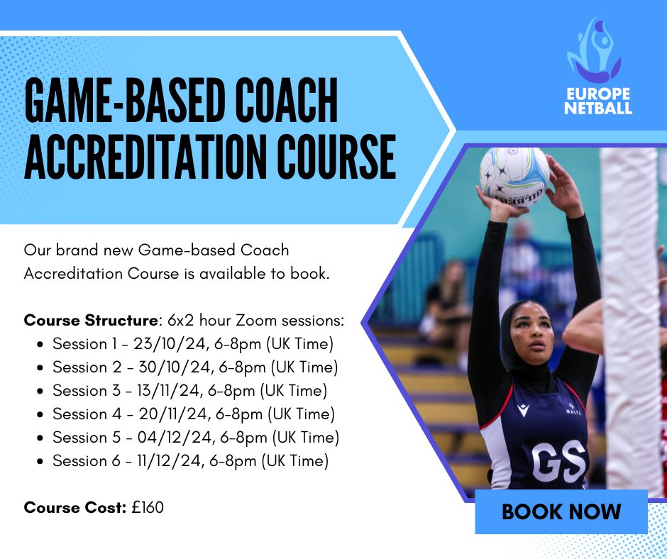 🆕 Game-Based Coach Accreditation Course available to book now ‼️

📅 Comprising of 6 Sessions: 23rd October, 30th October, 13th November, 20th November, 4th December &amp; 11th December 

⏰6-8pm (UK Time)

💻Delivered Online via Zoom

💵£160

🔗 europenetball.com/game-based-coa…