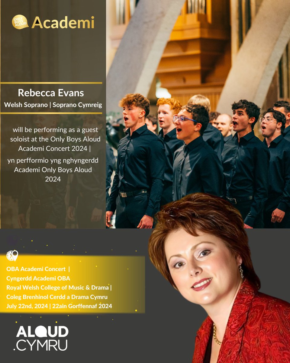 📢 Announcement!

Welsh soprano star <a href="/RebeccaEvansSop/">Rebecca Evans</a> will be performing at the Only Boys Aloud Academi concert on July 22nd! 🎶

Don't miss this epic night at the Royal Welsh College of Music &amp; Drama. 
🎟️Tickets selling fast: rwcmd.ac.uk/events/only-bo…