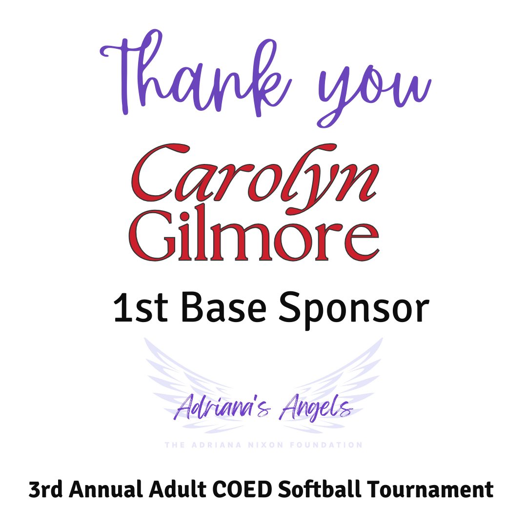 _AdrianaStrong's tweet photo. Thank you, Carolyn Gilmore, for your 1st Base Sponsorship and for entering your team to play for Childhood Cancer Awareness! Your continued support means so much to us. 

Join us for Adriana’s Angels’ 3rd Annual Adult Coed Softball Tournament! 🥎💜🫶❤️💫 #play4Adriana https://t.co/Qcw4ej36VQ
