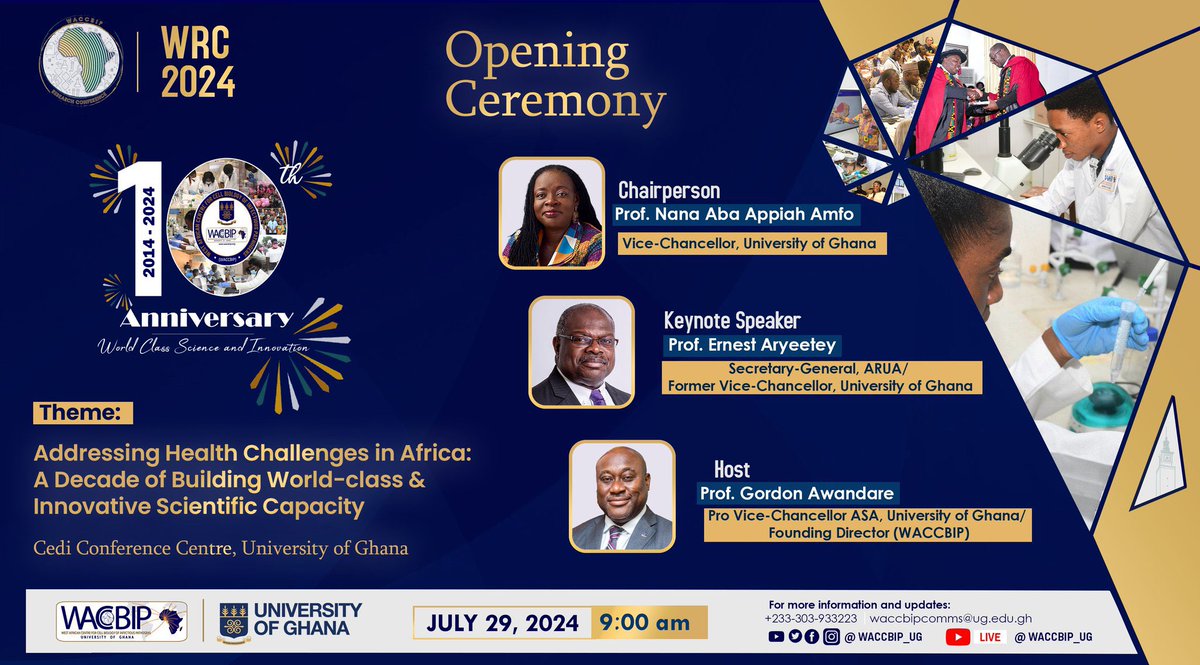 univers1057fm's tweet photo. Join West African Centre for Cell Biology of Infectious Pathogens Anniversary Opening Ceremony! 

@WACCBIP_UG celebrating a decade of groundbreaking research and innovation at the West African Centre for Cell Biology of Infectious Pathogens on July 29, 2024. 

#UniversNews https://t.co/W6UFbbwISg
