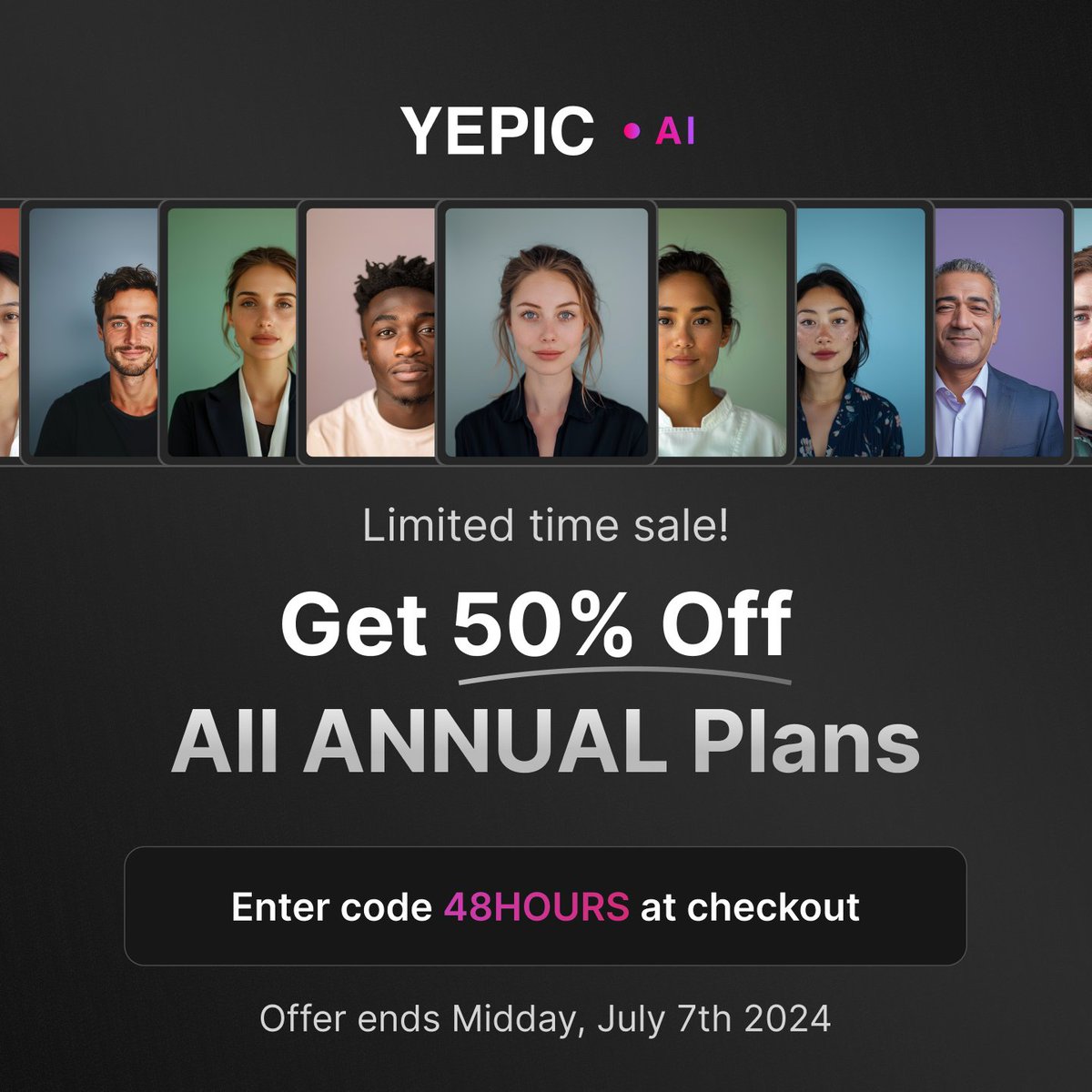 We've got a limited time promotion! Until Sunday July 7th at Midday GMT, 50% off Yepic AI annual plans!

Go to yepic.ai/pricing choose any annual plan &amp; enter code 48HOURS at checkout! 
#llm #ai #technology #videoagents #yepicai #videogenerator #avatars #talkingphotos