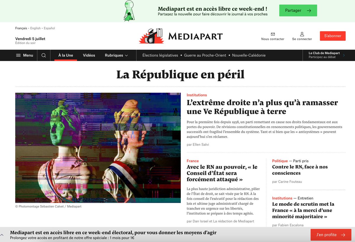 edwyplenel's tweet photo. ÉDITION SPÉCIALE La République, la vraie, celle de l'égalité des droits, démocratique et sociale, émancipatrice, est en péril.
À heure grave, dispositif exceptionnel : tout @Mediapart est en accès libre ce week-end. 
Pour s'abonner [1 mois pour 1 euro] ▶️ https://t.co/RrEi6kPi4l https://t.co/UrQbswfD0D
