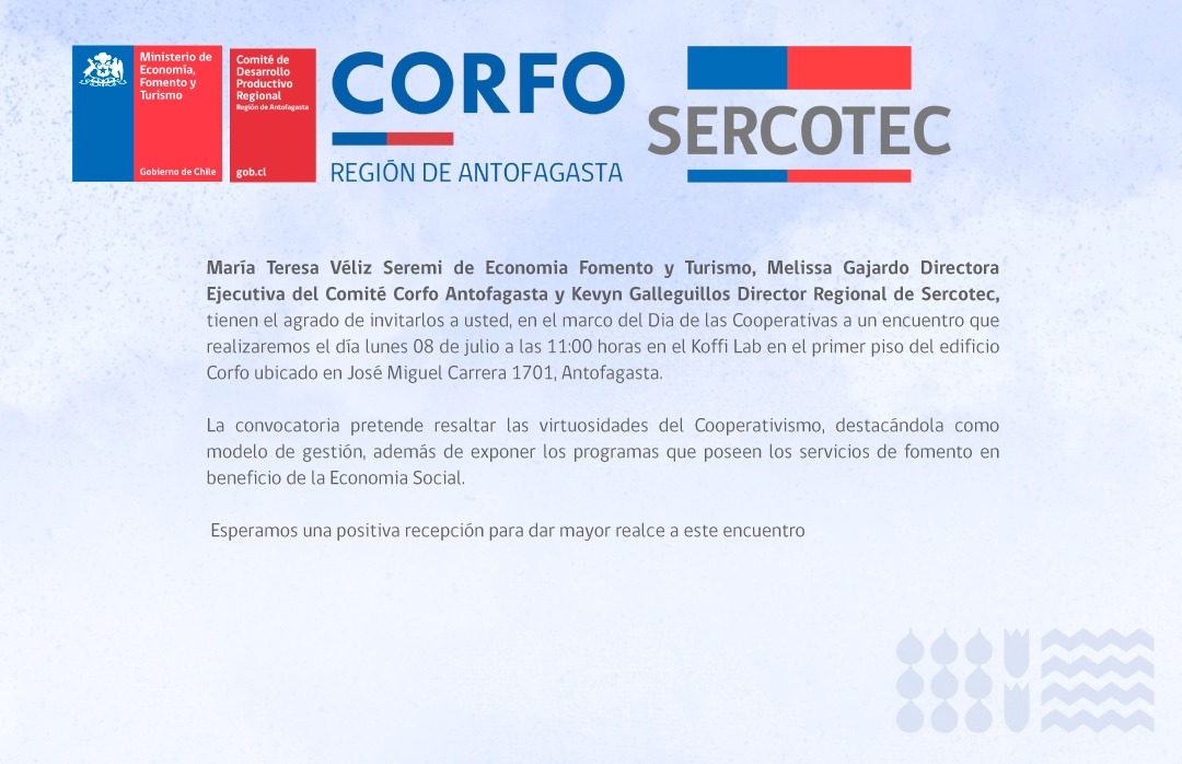 Este sábado 6 de julio las cooperativas de todo el mundo celebran el Día Internacional de las Cooperativas bajo el tema "Las cooperativas construyen un futuro mejor para todas las personas".

Revisa todos los detalles en la invitación