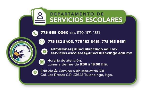utec_tgo's tweet image. 💚💙 La Universidad Tecnológica de Tulancingo, te brinda atención personalizada a través de los siguientes datos de contacto: