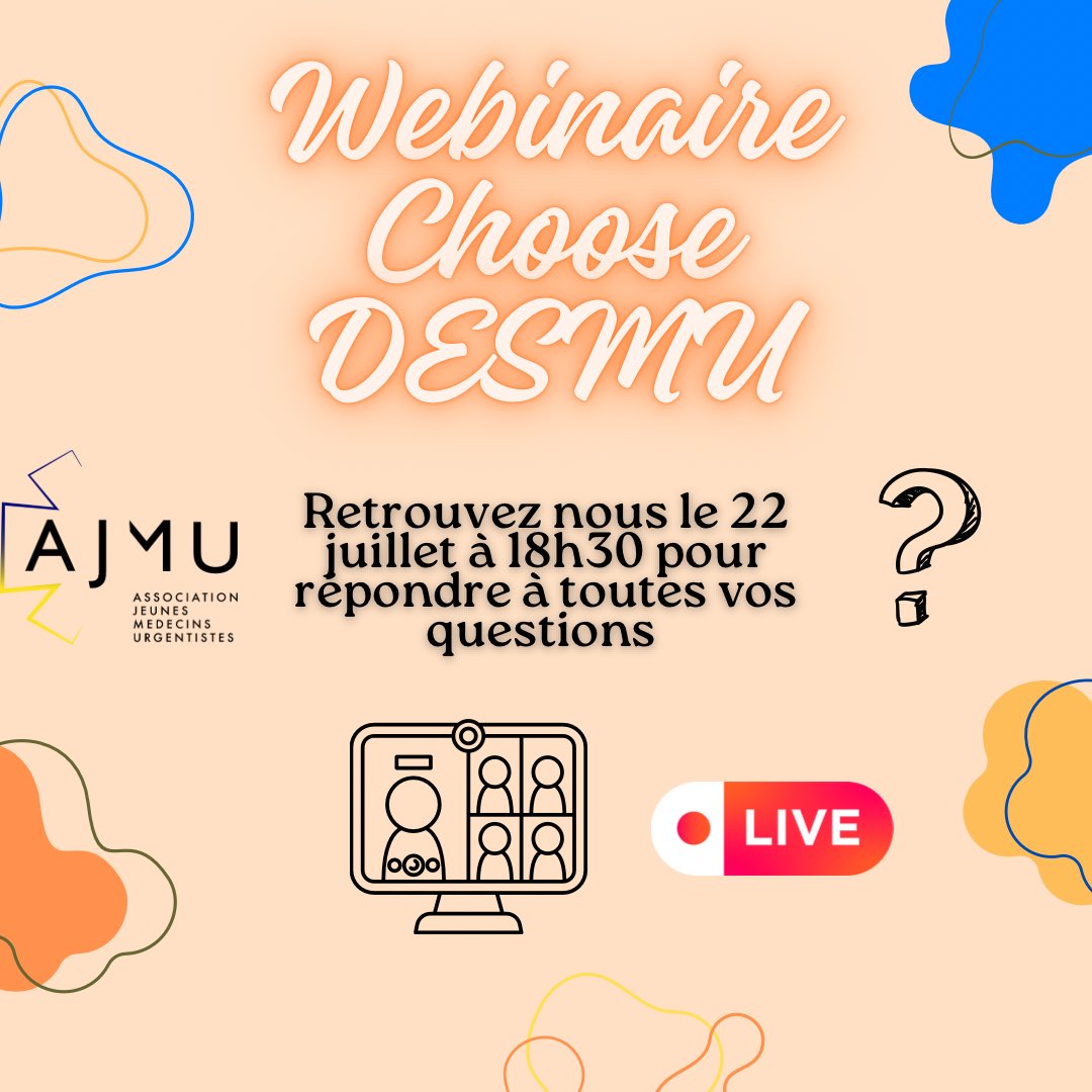 🚨 L’AJMU te propose un webinaire pour tout savoir et poser tes questions sur le DESMU et sur la médecine d’urgence le lundi 22 juillet à 18h30 ‼️ 
Nous serons là en live pour répondre à tes dernières hésitations et pour nous assurer que tu choisisses la meilleure spé 👀😍