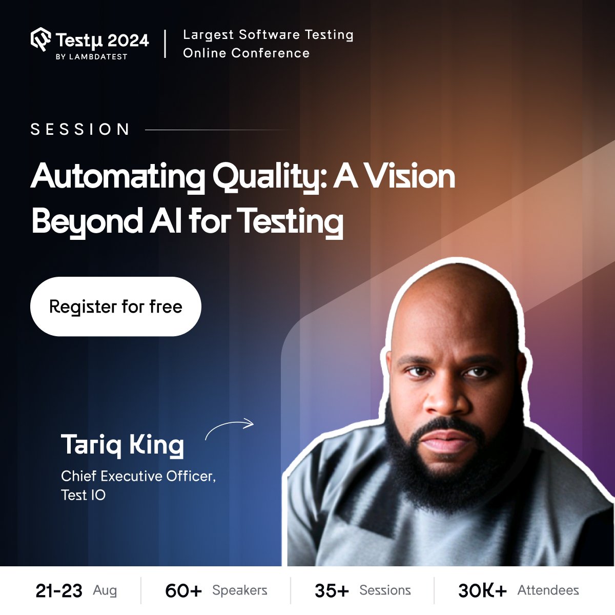 Join <a href="/tariq_king/">Tariq M. King</a>, CEO, <a href="/_testio/">Test IO</a>, at #TestMuConf 🔗 bit.ly/testmuconf_2024 to discover the current and future role of AI in automating quality throughout the software lifecycle. Learn about essential checks, balances, and the challenges of testing AI systems.

#Conference #AI