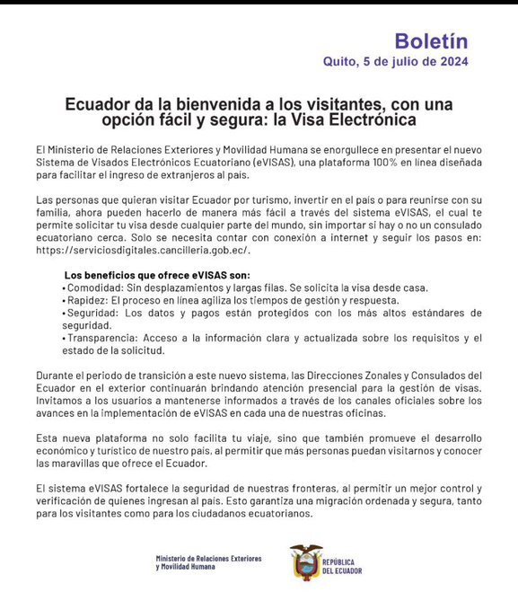 GamaNoticiasEc's tweet image. #Comunicado | Ministerio de Relaciones Exteriores y Movilidad Humana de Ecuador lanza el nuevo Sistema de Visados Electrónicos Ecuatoriano (#eVISAS), una plataforma en línea diseñada para el ingreso de extranjeros al país.