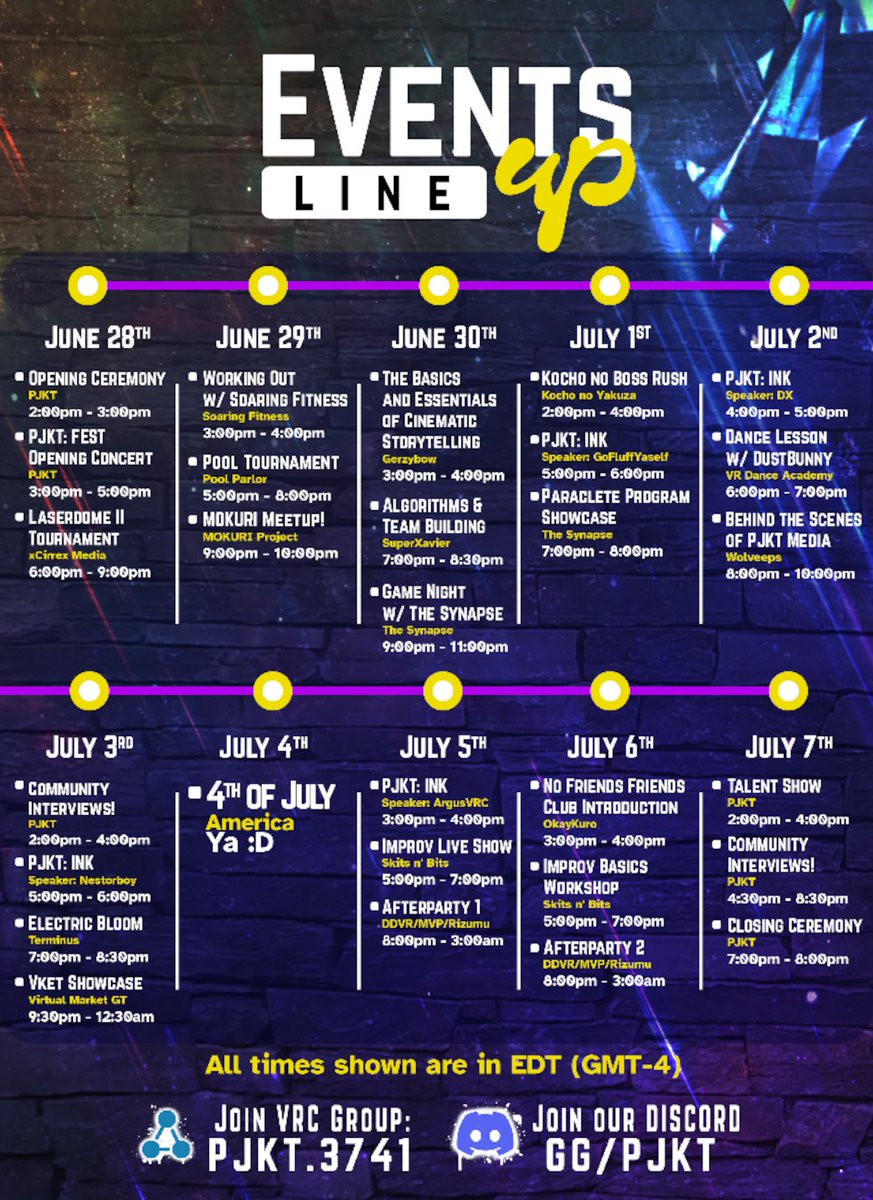 Project: Community x Rizumu x MVP
7/5  DAY 1 - Times in US Central
7 PM Deadlydoener
9 PM <a href="/TheDeFreeze/">DeFreeze</a> 
11 PM <a href="/SladeAx/">SladeAx</a> 
1 AM <a href="/dvize_/">Dan</a> 
7/6 DAY 2
7 PM <a href="/darkfade/">DΛRKFΛDΞ</a> 
9 PM <a href="/incoTHEdrinco/">incoTHEdrinco</a> 
11 PM Diamonddoge
1 AM <a href="/GDub__/">G-Dub</a>
Discord: ddvr.club - VRCGroup: vrc.ddvr.club