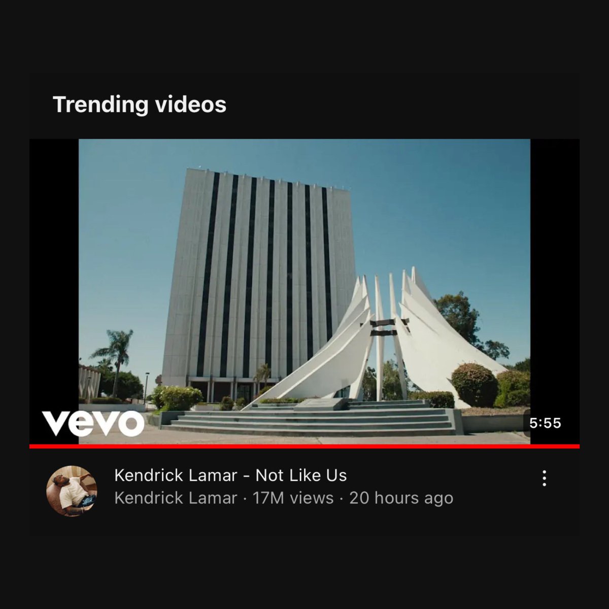 Kendrick Lamar's 'Not Like Us' has broken the record for most viewed rap song in a single day on YouTube in 2024 (17m) 🔥🏆

He breaks the record that he himself held with the audio version of the song.