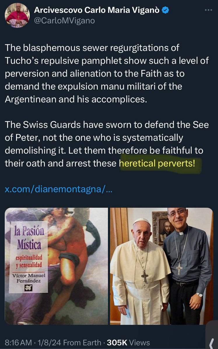 MJTruthUltra's tweet photo. Archbishop Carlo Maria Vigano has officially been Excommunicated by Red Pope Francis.

Gee, I wonder why?

• Is it because Archbishop Carlo Maria Vigano called out the New World Order and their efforts to initiate a Global Coup d'état? (https://t.co/UMxghYqJKU)
 
• Is it because Archbishop Carlo Maria Vigano spoke about the Israeli Mossad Blackmail Operation, Clinton’s & Obama’s connection to Pizzagate, Podesta Emails, Agenda 2030, and the fake Plandemic? (https://t.co/Gz8v7erxqe)

• Is it because Archbishop Carlo Maria Vigano said the WEF has either direct control or blackmailed world leaders?
(https://t.co/A1Rs15h5of)

• Is it because Archbishop Viganò Called for the Swiss Guards to Arrest Pope Francis and the Cardinal for a Pornograhic Book published? (https://t.co/LxtVFyYOc3)

• is it because Archbishop Viganò warned the world a global coup d’état taking place? (https://t.co/PuYg8qr3BL)