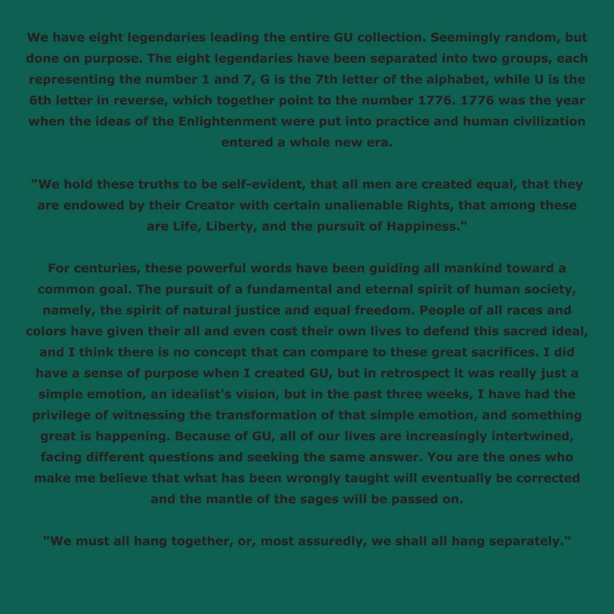 TaoKoltes's tweet photo. "We must all hang together or most assuredly we will all hang separately"
Benjamin Franklin
(at the signing of the Declaration of Independence in 1776)
In GU statement #3
6th september 2022
#GenuineUndead
#history
#Web3Independence
#decentralization https://t.co/b9ZGRRzAIF