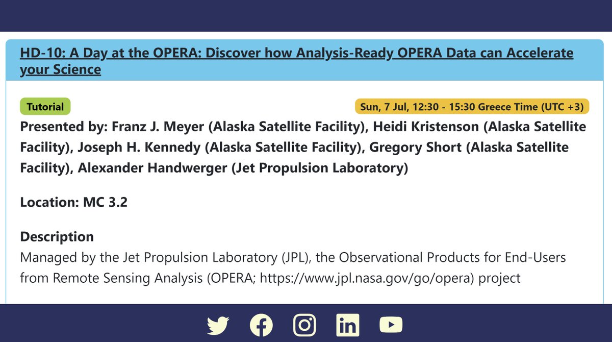 ⚠#IGARSS Attendees⚠
Attending <a href="/IEEE_GRSS/">IEEE Geoscience and Remote Sensing Society</a>  #IGARSS &amp; are arriving early? There is still a chance to register for our tutorial on how to work with <a href="/NASAJPL/">NASA JPL</a>  #OPERA data.
⏰: Sunday at 12:30pm
🏛: Room MC 3.2
Learn about OPERA: jpl.nasa.gov/go/opera
#GoldenAgeOfSAR