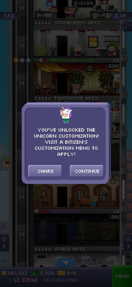 I just unlocked the unicorn customization in Tiny Tower!