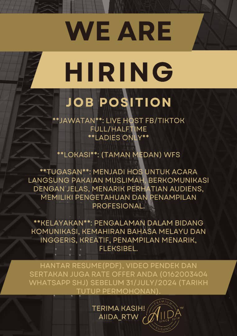 khuzainidaughtr's tweet image. Immediately hiring!
@Jobkerjaya @Twt_IklanKerja @jobseekers91 @ejawatankosong @jawatan @Peluangkerjaya @jawatannkosong @haikerja @Jawatan__Kosong @Oh_KerjaKosong @twt_kerja @kerjakosong123 @KerjaKosong24  @MauKerjaMY @KerjaKosongWoi @twt_penganggur @jobmalaysia0