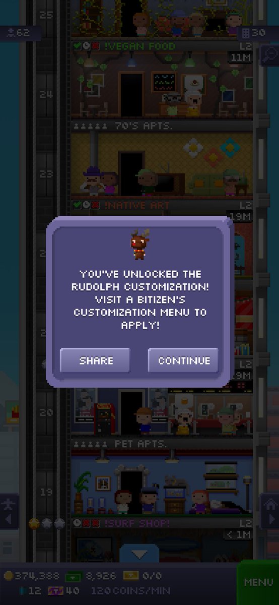 I just unlocked the christmas rudolph customization in Tiny Tower!