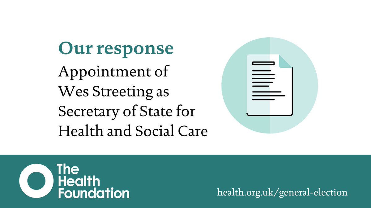 The Health Foundation (@healthfdn) on Twitter photo Responding to <a href="/wesstreeting/">Wes Streeting</a>'s appointment as Secretary of State <a href="/DHSCgovuk/">Department of Health and Social Care</a>, <a href="/JenniferTHF/">Jennifer Dixon</a> says no one should underestimate the challenge inherited and that rebuilding the nation’s health will require unprecedented cross-government action.
Read more 👇
health.org.uk/news-and-comme… Responding to <a href="/wesstreeting/">Wes Streeting</a>'s appointment as Secretary of State <a href="/DHSCgovuk/">Department of Health and Social Care</a>, <a href="/JenniferTHF/">Jennifer Dixon</a> says no one should underestimate the challenge inherited and that rebuilding the nation’s health will require unprecedented cross-government action.
Read more 👇
health.org.uk/news-and-comme…