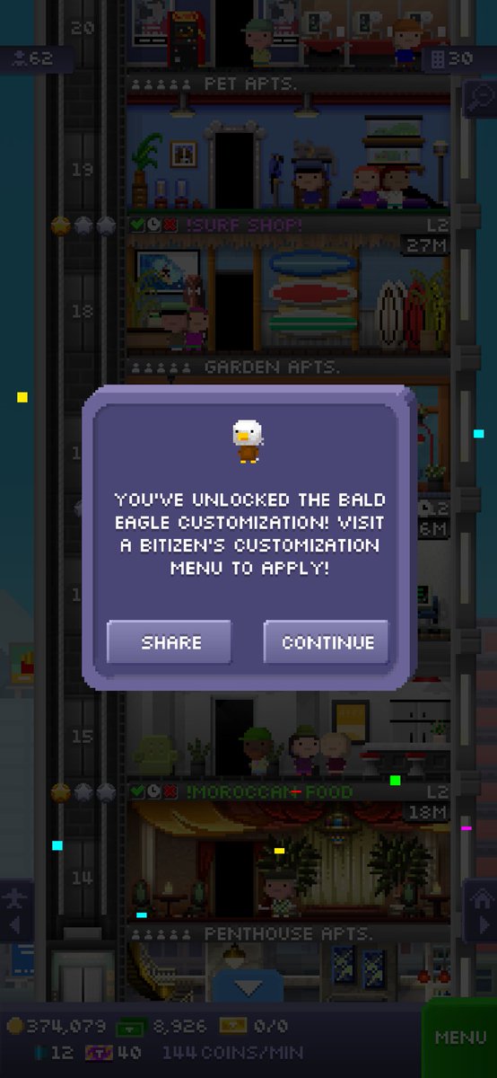 I just unlocked the bald eagle customization in Tiny Tower!