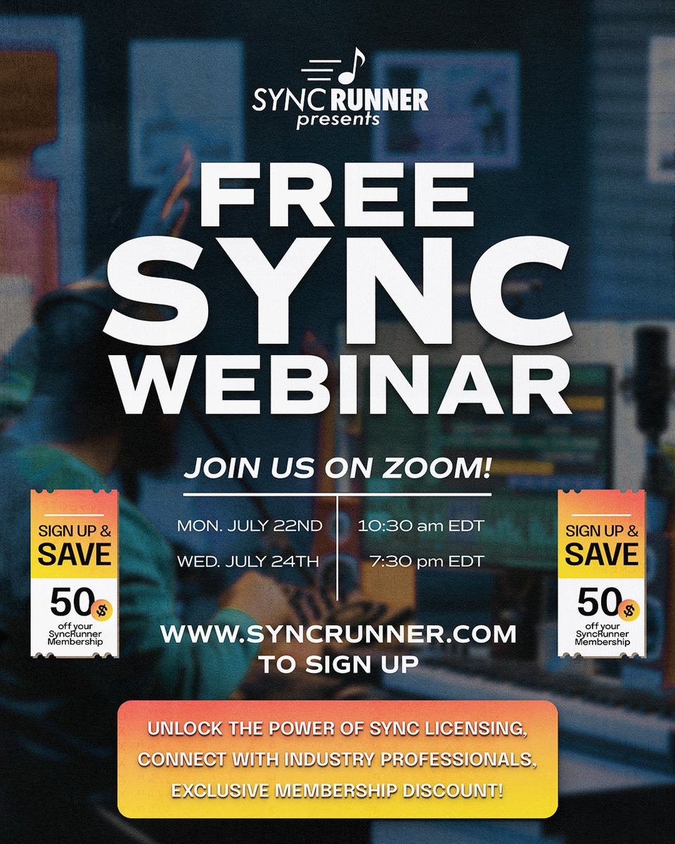 SyncRunnerTeam's tweet image. JOIN US on Zoom for a FREE sync licensing seminar for tips, trends, best practices, and live Q&amp;amp;A. 7/22 and 7/24. Syncrunner.com/seminar to register and get more info! Open to all!!
.
#sync #syncrunner #synclicensing #music #songwriter #opportunity