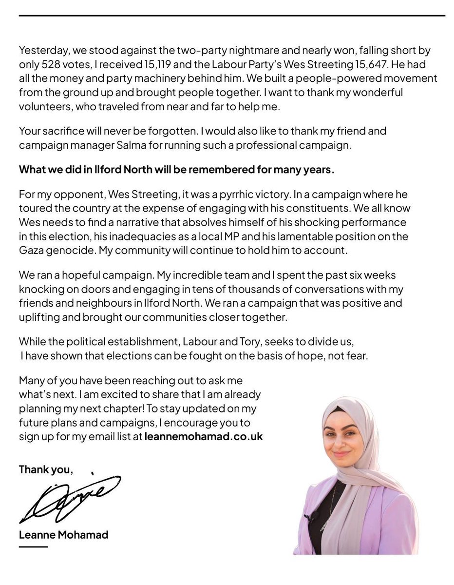 Yesterday we stood against the two-party nightmare and nearly won, falling short by only 528 votes, I received 15,119 and the Labour Party’s Wes Streeting 15,647. He had all the money and party machinery behind him. We built a beautiful people-powered movement. 

To stay updated