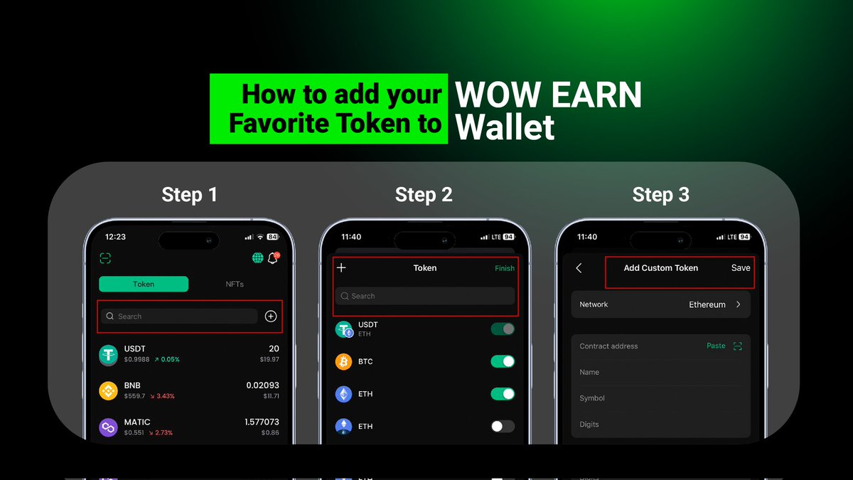 Offi_cialHunter's tweet image. 😎How to add your favorite token on WOW EARN wallet? 

Follow these easy steps to customize your crypto experience!
1. Open WOW EARN Wallet 📱🔓
2. Use the + Button to custom add new tokens💎
3. Enter Token Details 📝
4. Confirm and Add ✔️. 

#WOWGuide #Wow #usdt #wowearn #BTC