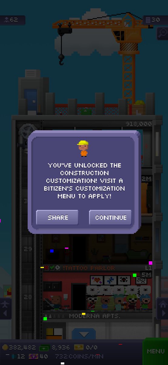 I just unlocked the construction customization in Tiny Tower!