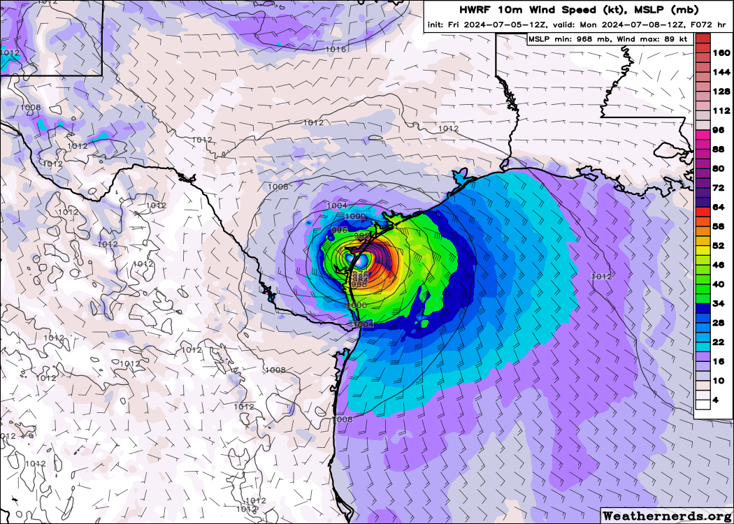 BhatiaKieran's tweet photo. 12z #GEFS #HWRF #HMON #HAFSB all showing #Beryl curving northward up the #Texas coast and impacting somewhere between #CorpusChristi and #Brownsville with a cat1-cat3 #hurricane. #HurricaneBeryl can get stronger if itβs hugs the coast longer- US impacts less than 3 days away. https://t.co/gHBUB9fEDv