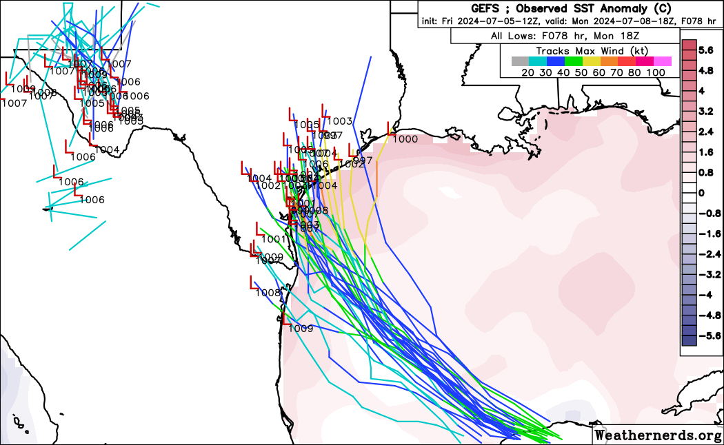 BhatiaKieran's tweet photo. 12z #GEFS #HWRF #HMON #HAFSB all showing #Beryl curving northward up the #Texas coast and impacting somewhere between #CorpusChristi and #Brownsville with a cat1-cat3 #hurricane. #HurricaneBeryl can get stronger if itβs hugs the coast longer- US impacts less than 3 days away. https://t.co/gHBUB9fEDv