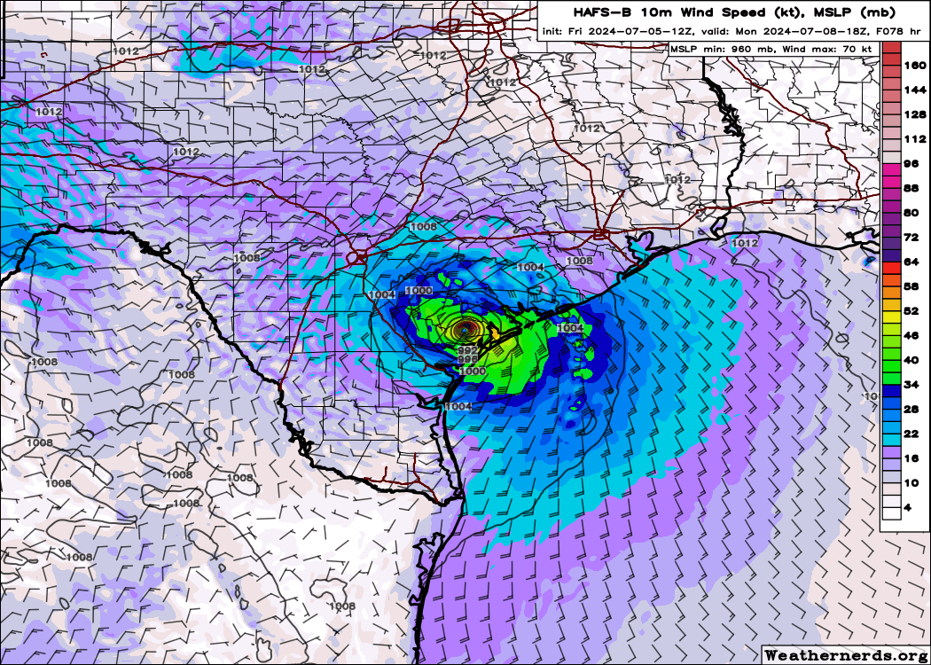 BhatiaKieran's tweet photo. 12z #GEFS #HWRF #HMON #HAFSB all showing #Beryl curving northward up the #Texas coast and impacting somewhere between #CorpusChristi and #Brownsville with a cat1-cat3 #hurricane. #HurricaneBeryl can get stronger if itβs hugs the coast longer- US impacts less than 3 days away. https://t.co/gHBUB9fEDv