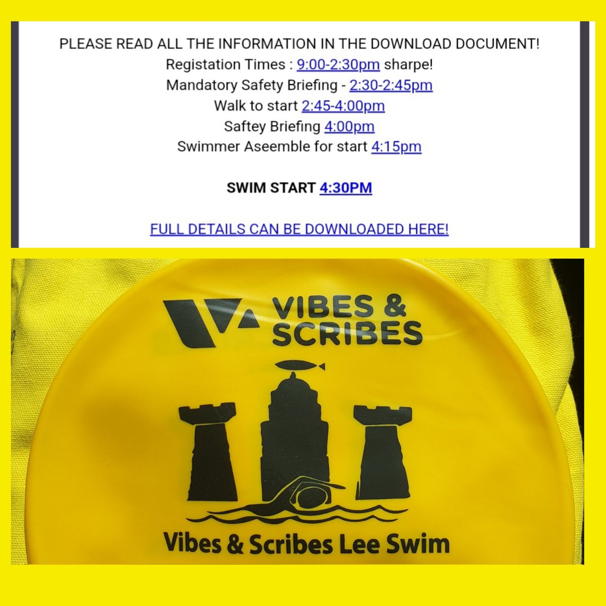 Vibes & Scribes Lee Swim (@lee_swim) on Twitter photo ARE YOU READY FOR TOMORROW!
#VibesAndScribesLeeSwim
Final email has been sent and please read the full details.
Register before 2.30pm.
Mandatory Safety Briefing @ 2.30pm
Swim assembly @ 4.15pm
First swimmers in the water at 4.30pm.
Have a great swim. πββοΈπββοΈπββοΈπββοΈ ARE YOU READY FOR TOMORROW!
#VibesAndScribesLeeSwim
Final email has been sent and please read the full details.
Register before 2.30pm.
Mandatory Safety Briefing @ 2.30pm
Swim assembly @ 4.15pm
First swimmers in the water at 4.30pm.
Have a great swim. πββοΈπββοΈπββοΈπββοΈ
