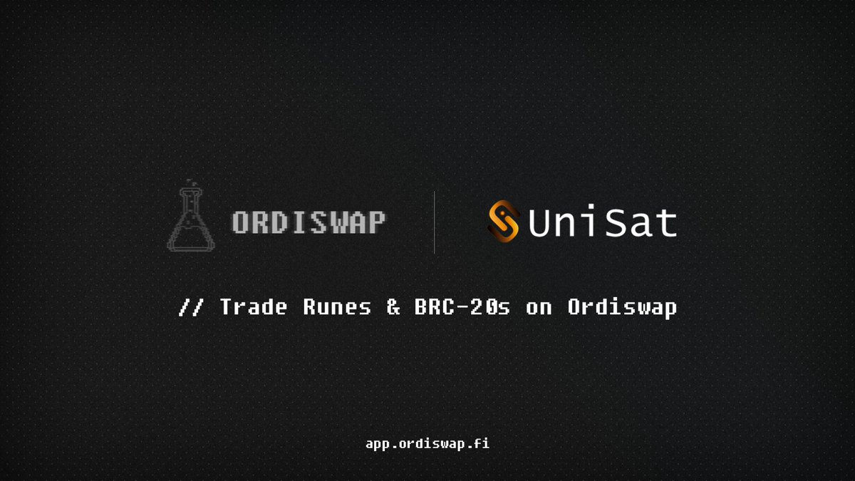 OrdiswapLabs's tweet photo. 🧪 Ordiswap x Unisat
​
🤩 Excited to announce that Ordiswap V3 AMM supports @unisat_wallet, which enables easy and safe trades, inscriptions and management of Bitcoin-native assets.
​
🪄 Unisat is the 1st Bitcoin wallet supported on our V3 AMM.
​
We welcome all Unisat users to Ordiswap for:
​
→ Fastest and cheapest swaps (at 0.3% fees) b/w $BTC and BRC-20s/Runes
→ Liquidity provision on BRC-20s and Runes & earning fees (100% of fees are distributed to liquidity providers & $ORDS stakers)
→ Permission-less pool creation for all your favorite Bitcoin assets
​
A new era of Bitcoin DeFi is unfolding before your eyes 💪