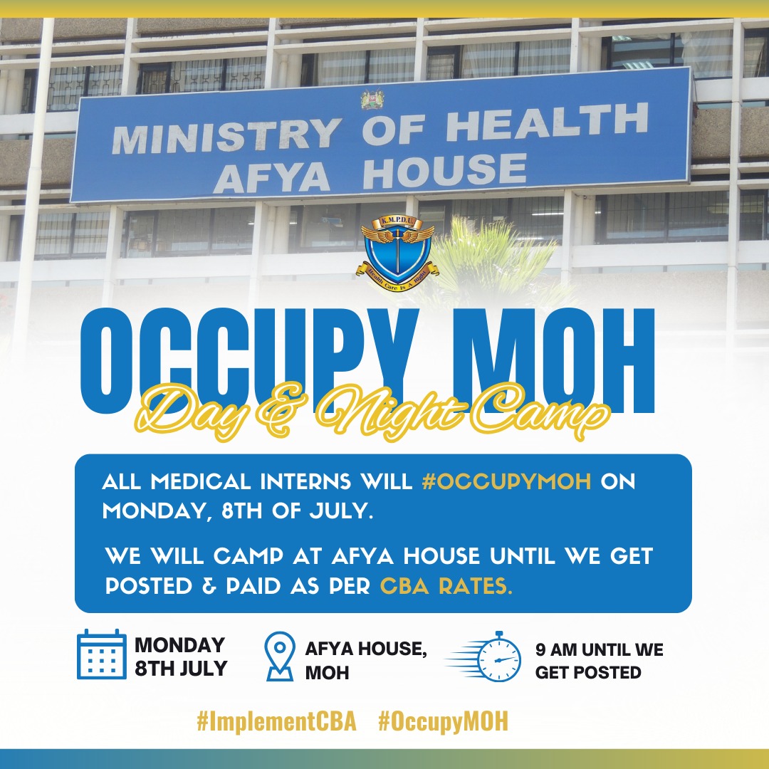 Monday, it's system #OccupyMOH 

As Interns, we'll NOT leave <a href="/MOH_Kenya/">Ministry of Health</a>  until we get our posting letters which are according to CBA, which is a court order btw

<a href="/Nakhumicha_S/">Nakhumicha S. Wafula E.G.H</a>  POST AND PAY INTERNS AS PER THE CBA. Period!