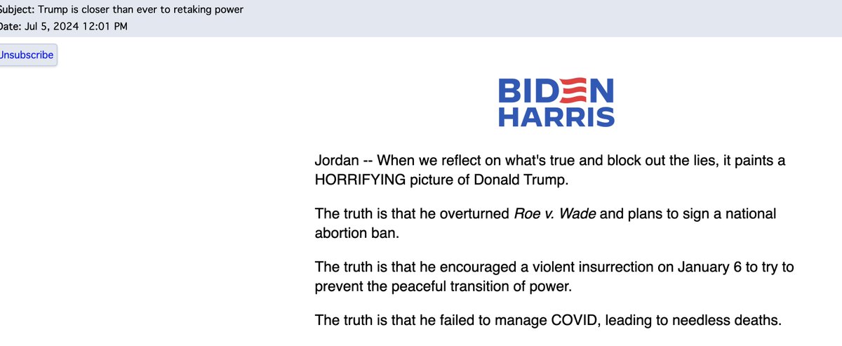 Not sure this is the best subject line for the Biden campaign fund-raising efforts today: "Trump is closer than ever to retaking power." And why is that?