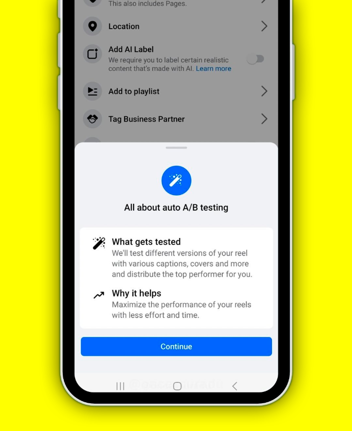 beviralmood's tweet photo. 💡¿Recordáis que YouTube estaba probando un nuevo modelo de test A/B en el que permitía subir varias portadas a la vez, y mostrar la que mejor estuviese funcionando?

Pues Meta está probando su "Auto A/B testing" en el que permitirá subir diferentes versiones de un mismo reel! https://t.co/rNY0FYrxw6