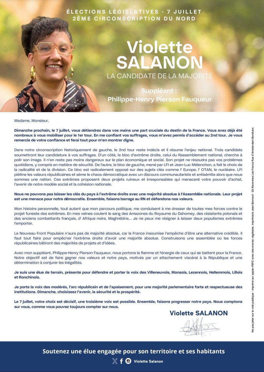 VioletteSalanon's tweet photo. Ma #professiondefoi. Ce dimanche 7 juillet, les élections les plus importantes pour la France. Sur la #circo5902 je suis la seule à incarner la voix de la République face à @FranceInsoumise et @RNational_off alors ne vous trompez pas. Un seul bulletin le mien #ENSEMBLE https://t.co/9n12eEUvZB