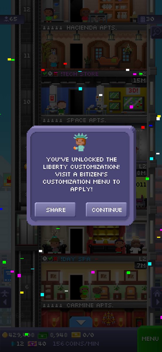 I just unlocked the liberty customization in Tiny Tower!
