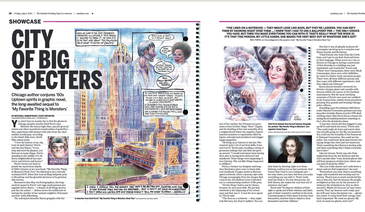mitchtrout's tweet image. Holiday weekend reading suggestion: "My Favorite Thing is Monsters." What a joy summoning '60s Chicago specters and going off-beat with graphic novelist @Emilferrisdraws chicago.suntimes.com/books/2024/07/…