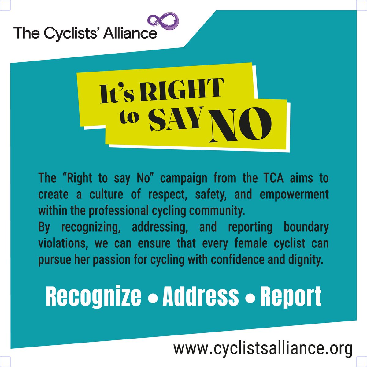 It's important for riders to know when and how to recognize, address and report any boundary violations within the sport: cyclistsalliance.org/tca-its-right-… #ItsRightToSayNo #StriveforFairness