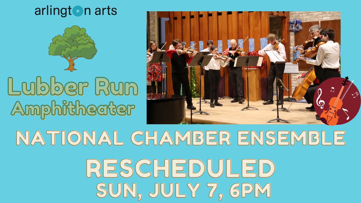 ARL_Arts's tweet photo. Show rescheduled alert!

Due to the Heat Advisory, the Friday performance at Lubber Run Amphitheater by NATIONAL CHAMBER ENSEMBLE has been rescheduled for Sunday, July 7th at 6:00 pm. https://t.co/Qb4ofvo7kr