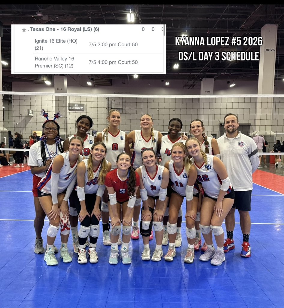 Having so much fun at Nationals with my team! We are currently 4-1 and playing to go to gold today. Here is our day 3 schedule. LET’S GO! <a href="/Texas1Vball/">Texas One Athletics</a> 🤍💙