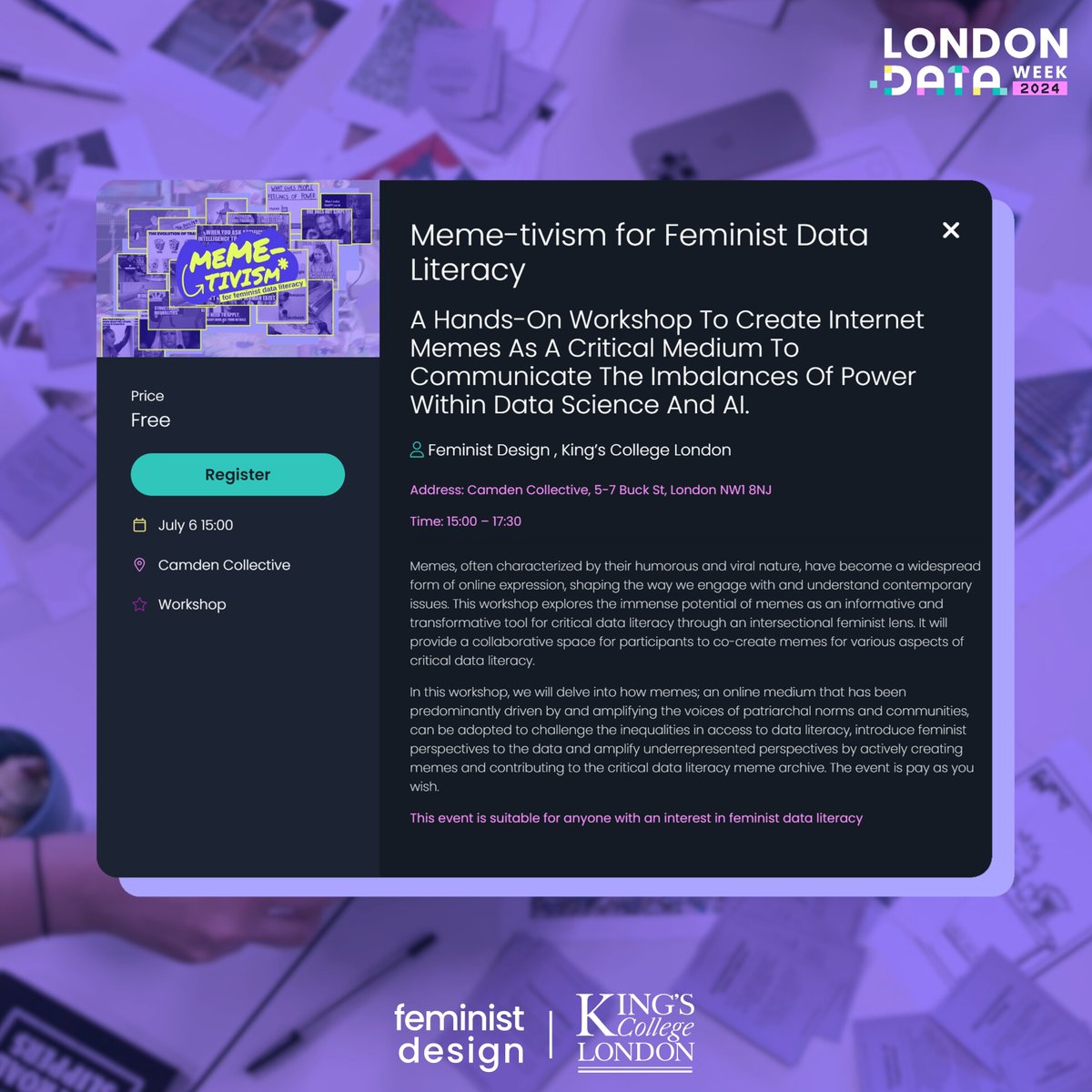 🥳 We are part of the London Data Week this year; organised by The Alan Turing Institute and London Office of Technology and Innovation.

Interested in attending our Meme-tivism for Feminist Data Literacy workshop tomorrow? 

Book your spot: eventbrite.com/e/london-data-…