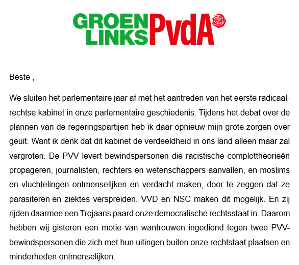 fuckroeper's tweet photo. En jullie dachten dat Frenske en zijn linkse clubje iets geleerd hadden van al het commentaar van de hele wereld op het wanstaltige 'debat' en de #regeringsverklaring?

Nee hoor, zelfs nu heeft dit tuig niets geleerd.

Timmermans heeft het opnieuw over radicaal rechts, over racistische complottheorien, het aanvallen van journalisten (Hey Youri Albrecht, hey Tjeerd de Groot!), over moslims en vluchtelingen ontmenselijken, Trojaans paard.

Het is van een ongekende smerigheid.

De polarisatie gaat met deze v<piep>etn<piep>ek gewoon door. Deze man is een totale faal, werd als linkse koning op het schild gehezen en binnengedragen maar presteert niets, helemaal niets. De zakkenvuller komt niet verder dan een slome matte presentatie, heeft geen idee wat er in dit land speelt, heeft er in de peilingen geen zetel bij gehaald en is nu al sinds 22 november met niets anders bezig dan modder gooien, ophitsen en polariseren. Excuses en beterschap zijn bij deze randfiguren niets waard, Schoof heeft het in 2 dagen 87x herhaald, er is maanden over de rechtstaat gesproken, opgeschreven en besproken, ook met Timmermans.

GroenlinksPVDA en Timmermans zijn het gif in onze democratie, dit obsessieve en bezeten links populisme zorgt voor nog meer splijting in ons land.

Wat een vreselijke loser ben je dan als je na het slechtste debat ooit, wat door vriend en vijand, ook door je collega politici wordt beaamt, dit in je flut nieuwsbriefje rondstuurt.

Eens? Retweet!