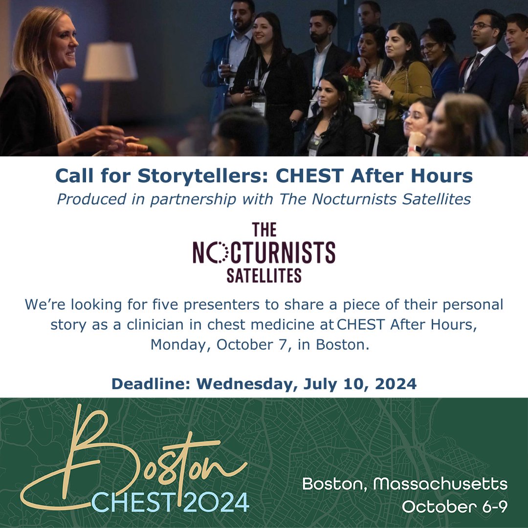 CHEST (@accpchest) on Twitter photo An event unlike any other, #CHESTAfterHours celebrates empathy and invites reflection through storytelling. In partnership with <a href="/thenocturnists/">The Nocturnists</a> for the first time, the call for presenters is now open through July 10:
hubs.la/Q02FjrDk0
#CHEST2024 An event unlike any other, #CHESTAfterHours celebrates empathy and invites reflection through storytelling. In partnership with <a href="/thenocturnists/">The Nocturnists</a> for the first time, the call for presenters is now open through July 10:
hubs.la/Q02FjrDk0
#CHEST2024