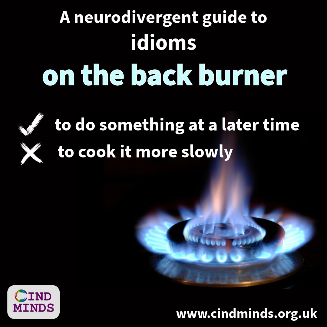 cindminds's tweet photo. The term comes from cooking food at the back of the stove on a lower heat as it doesn't need your attention. If you put your work on the back burner then it is not a priority.  It does not mean to burn or finish it off.

#neurodiversity #idioms #etymology #words #autism #language https://t.co/ScR4qPfl2O