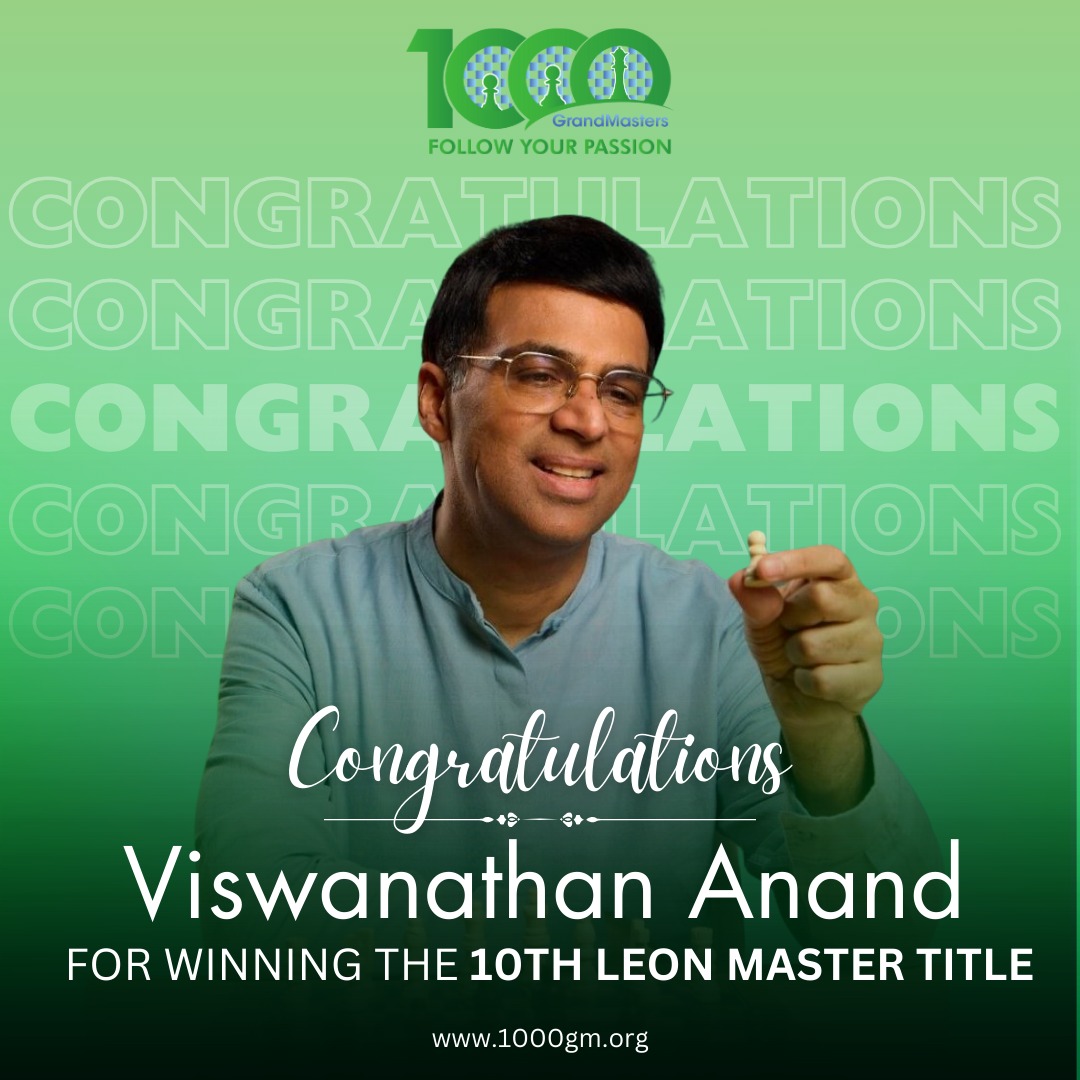 1000GM congratulates Indian chess legend Viswanathan Anand on his remarkable 10th Leon Masters title! Anand secured victory by defeating GM Jaime Santos 3-1 in the final match. 

#ChessChampion #ViswanathanAnand #LeonMasters #1000GM #1000GMChessAcademy
