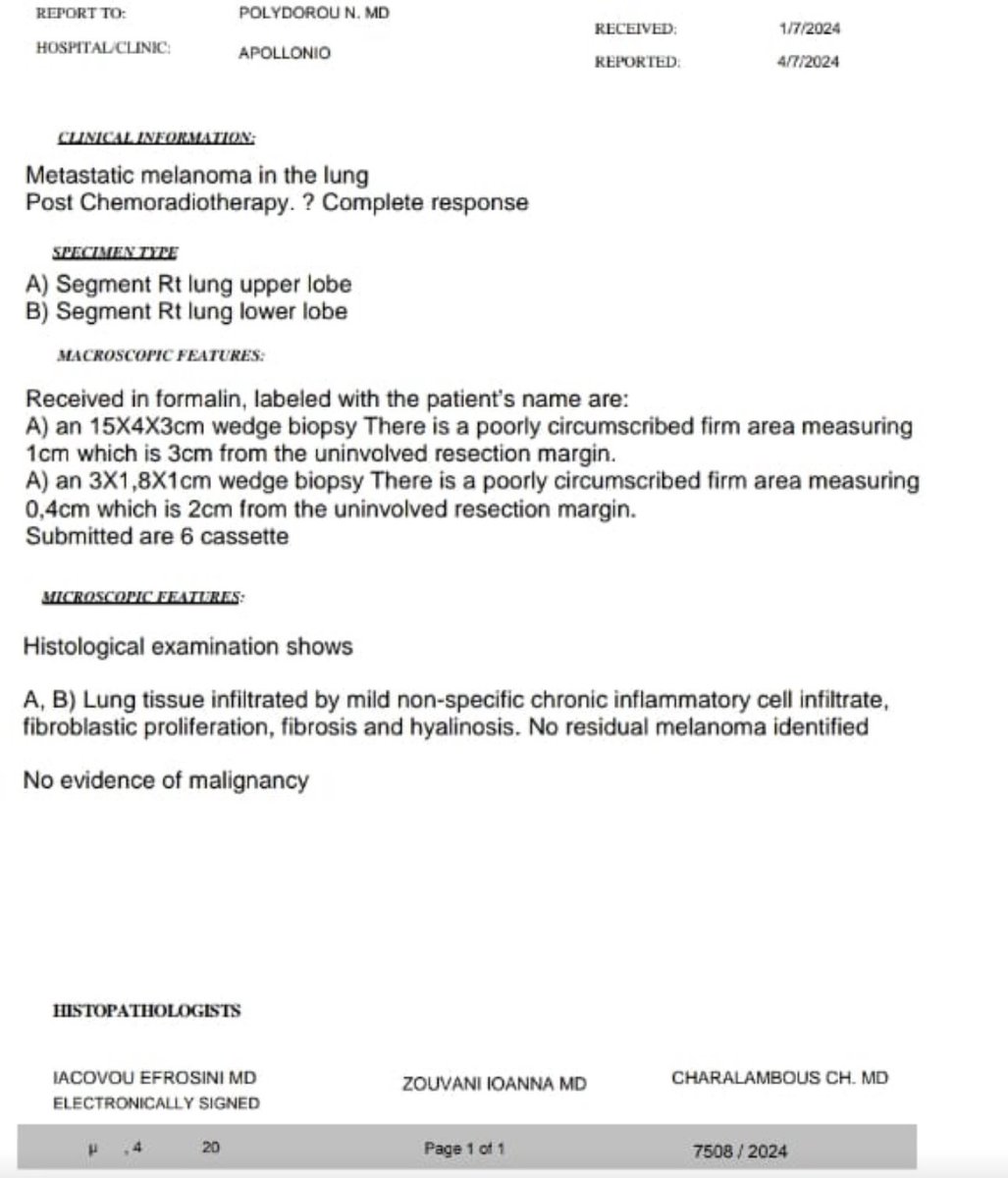 ΤΑ ΚΑΛΑ ΝΕΑ ΤΗΣ ΜΕΡΑΣ 

 ……ασθενής μας με 4ο Στάδιο καρκίνου του πνεύμονα ειχε πλήρη ανταπόκριση στην θεραπεια που του χορηγήσαμε .

Χειρουργήσαμε και την υπόλοιπη νοσο και τελικα βγήκε το πιο κάτω αποτέλεσμα.

Χωρις ιχνος καρκινου πλεον !

astras.cy
